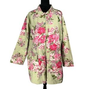 April Cornell Green Floral Jacket Cotton Canvas Trench Cottage Farm Chore Coat